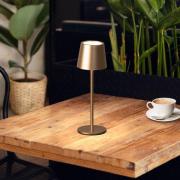 LED-akku-pöytälamppu Roxi, kahvinvärinen, metalli, IP54, himmennin