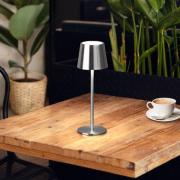 LED-akku-pöytälamppu Roxi, nikkelivärinen, metalli, IP54, himmennin