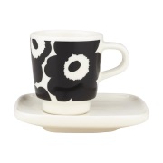 Marimekko Unikko espressokuppi ja lautanen 2 osaa Musta-valkoinen