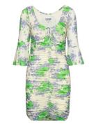 Printed Mesh U-Neck Ruched Mini Dress Lyhyt Mekko Green Ganni