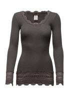 Silk T-Shirt W/ Lace Tops T-shirts & Tops Long-sleeved Grey Rosemunde