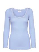 Silk T-Shirt W/ Lace Tops T-shirts & Tops Long-sleeved Blue Rosemunde