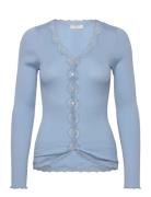 Silk Cardigan W/ Lace Tops Knitwear Cardigans Blue Rosemunde