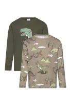 Top Ls Dino 2 Pack Tops T-shirts Long-sleeved T-shirts Green Lindex