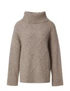 Emma Wool Blend Cable Knitted Roll Neck Tops Knitwear Turtleneck Beige...