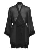 Kimono Satin Sheer Lace Edge Aamutakki Black Hunkemöller