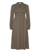 V-Neck Cotton Smock Dress Polvipituinen Mekko Brown Bubbleroom