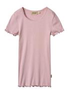 Rib T-Shirt Lace Ss Tops T-shirts Short-sleeved Pink Wheat