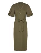 Belted Rib-Knit Puff-Sleeve Dress Polvipituinen Mekko Khaki Green Laur...