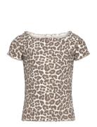 Top Rib With Curly Hem And Aop Tops T-shirts Short-sleeved Brown Linde...