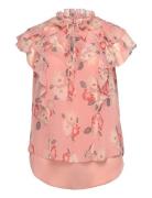 Floral Ruffle-Trim Georgette Blouse Tops Blouses Short-sleeved Pink La...