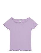 Top Rib With Curly Hem And Aop Tops T-shirts Short-sleeved Purple Lind...