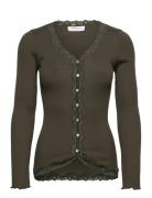 Rwbabette Silk Ls V-Neck Lace Cardi Tops Knitwear Cardigans Khaki Gree...