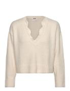 Lace-Trimmed V-Neck Sweater Tops Knitwear Jumpers Cream Monki